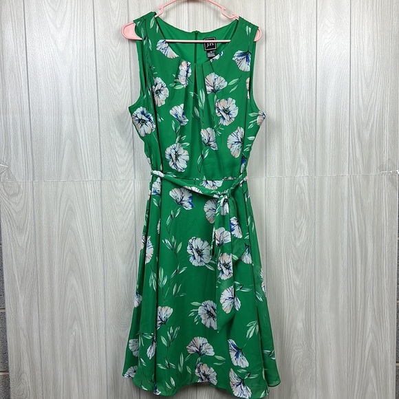 JH Dresses Jh Womens Green Floral Dress Size 8 Sleeveless Waist Tie